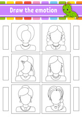 Draw the emotion. Worksheet complete the face. Coloring book for kids. Cheerful character. Vector illustration. Black contour silhouette. Vector illustration.