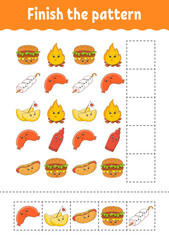 Finish the pattern. Cut and play. Education developing worksheet. Activity page. cartoon character. Vector illustration.