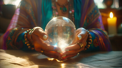 Hands of a female fortune teller delicately hover around a mesmerizing crystal ball, revealing the secrets of the future, guided by intuition and mystery, Generative Ai.

 - obrazy, fototapety, plakaty