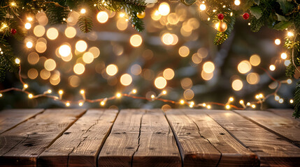 Festive wooden table adorned with vibrant decorations, set against a backdrop of shimmering fairy lights, creating a magical ambiance, Generative Ai

 - obrazy, fototapety, plakaty
