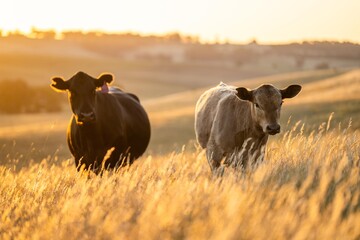Fat Beef cows grazing on native grasses in a field on a farm practicing regenerative agriculture in...