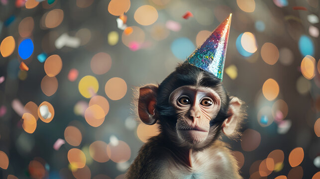 Happy cute animal friendly monkey wearing a party hat celebrates joyously amidst confetti, bringing smiles. Generative Ai


