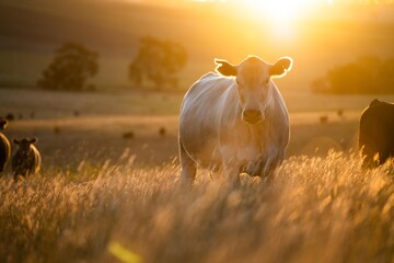 beautiful cattle in Australia  eating grass, grazing on pasture. Herd of cows free range beef being regenerative raised on an agricultural farm. Sustainable farming of food crops. Cow in field