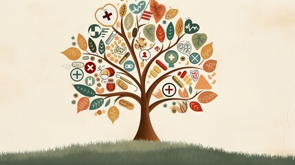 An imaginative portrayal of a tree whose leaves are medical symbols