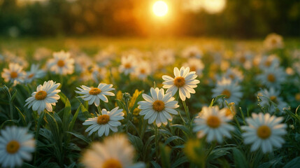 The blooming flowers are beautiful the field of colors. Daisy field on a clear day Daisies come in white and yellow. and surrounded by green grass surrounded by green nature and shining sun. - obrazy, fototapety, plakaty