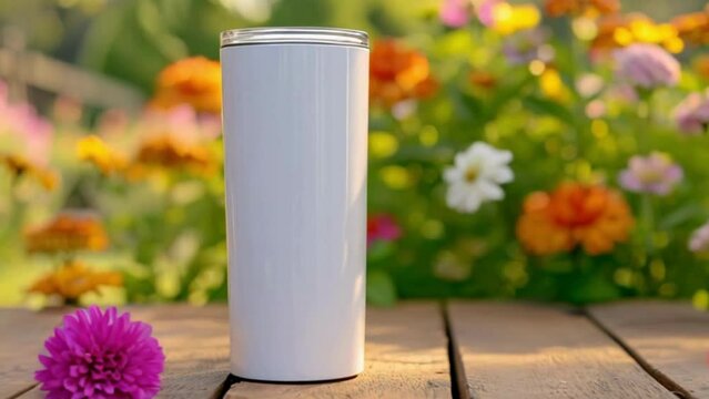 Mock up of a white color 20oz Straight Skinny Tumbler includes a lid on wooden table in flower Garden background, tumbler mockup