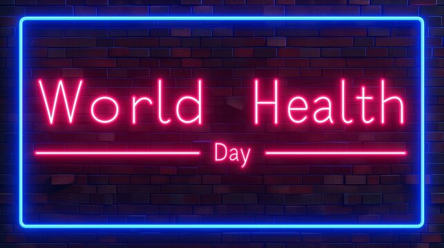 The phrase "World Health Day" in neon lights on a dark, brick wall background.