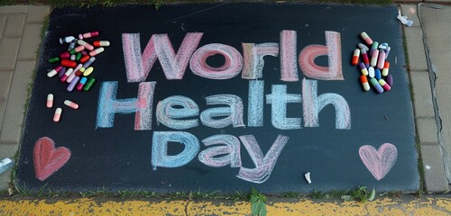 The phrase "World Health Day" in a soft, pastel chalk style on a sidewalk chalk background.