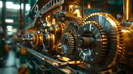 Close-up of metal gears and machinery in an industrial manufacturing plant, showcasing precision and engineering.