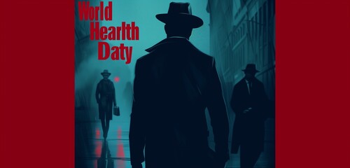 The text "World Health Day" in a classic, detective novel cover style on a noir mystery scene background.