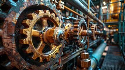 Close-up of metal gears and machinery in an industrial manufacturing plant, showcasing precision and engineering.