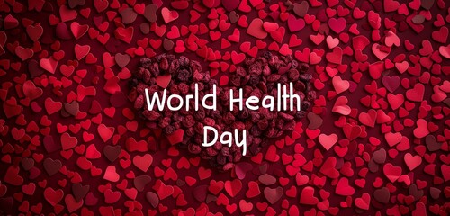 The text "World Health Day" in a romantic, Valentine's Day card style on a heart-filled background.