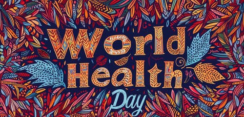 The words "World Health Day" in a vibrant, African tribal pattern on a traditional fabric background.
