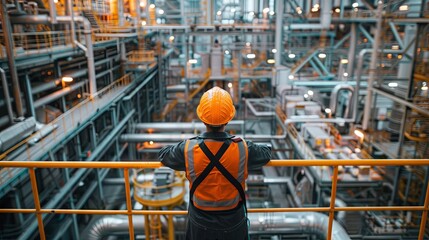 A worker in high-visibility clothing surveys the complex infrastructure of an industrial plant from an elevated platform.