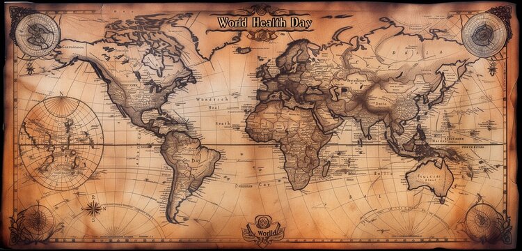 "World Health Day" in a mysterious, ancient map style on a background of a treasure map.