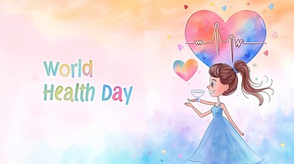 "World Health Day" in a dreamy, watercolor painting style on a soft, watercolor paper background.