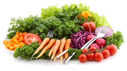 Fresh mixed vegetables and silver forks, beautifully arranged on a rustic wooden table, evoke culinary artistry and wholesome dining experiences, Generative Ai.

