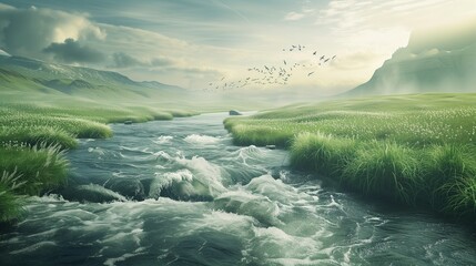 A fantasy landscape with a river of clean water symbolizing health and purity - Powered by Adobe