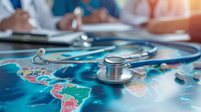 A global health conference with doctors, nurses, and a stethoscope overlaid on a world map.