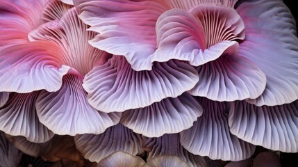 Close-up, bottom view of the lower gills of pink purple Oyster mushroom in the forest. The texture of mushrooms in nature. - obrazy, fototapety, plakaty