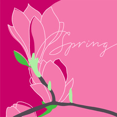 Magnolia Flower Branch with Spring Text - Vector Graphic Illustration. Six-Color Print. Contemporary Graphic Simplicity