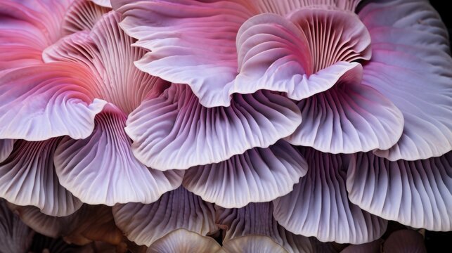 Close-up, bottom view of the lower gills of pink purple Oyster mushroom in the forest. The texture of mushrooms in nature.