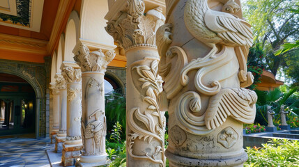 Fototapeta na wymiar A series of decorative columns and archways adorned with detailed carvings of birds flowers and other natural elements line the entrance of the building. The effect is both