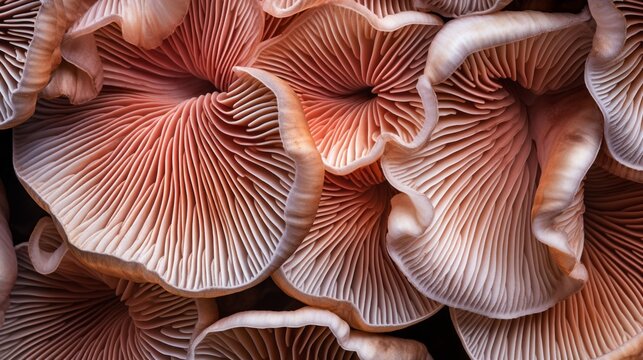 Bottom view of the lower gills of the Oyster mushroom in the forest. The peach texture of mushrooms in nature.