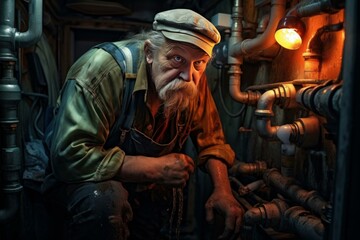 Reliable Plumber old man pipes basement. Work repair. Generate Ai