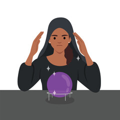 Fortune teller woman reading future on magical crystal ball. Gypsy oracle. Flat vector illustration isolated on white background