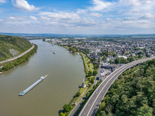 Andernach, Germany - Aerial view of the town of Andernach by the famous Rhine river in summer on a sunny day - 748476242