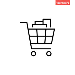 Single black full shopping cart with grocery line icon, simple supermarket basket checkout flat design vector pictogram, interface elements for app logo web button ui ux isolated on white background