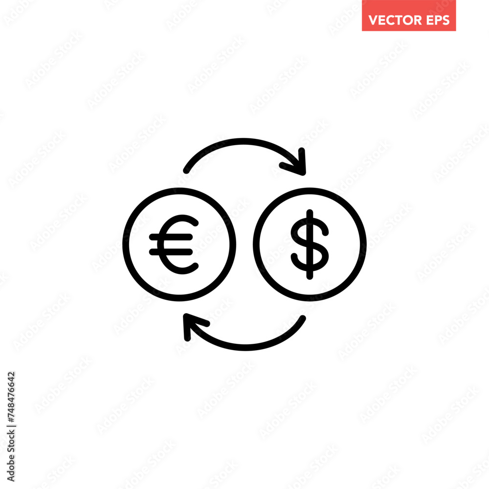 Poster single black currency exchange line icon, simple money transfer flat design pictogram, infographic v