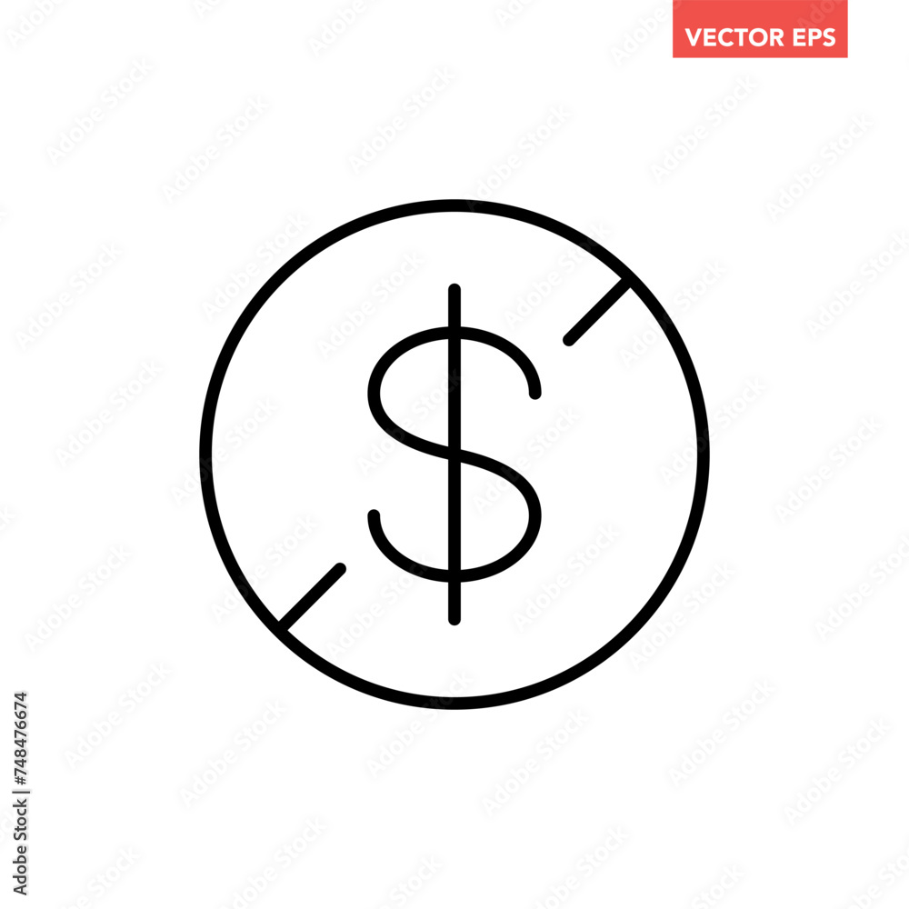 Poster black single no cash line icon, simple tax free charge flat design infographic pictogram vector, for