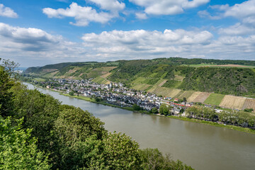 Germany the Rhine river in andernach near koblenz viewpoinnt over village Leutesdorf and the river...