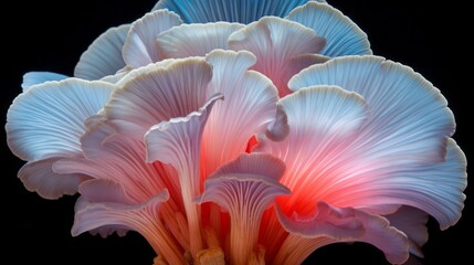 Fototapeta premium Close-up, bottom view of the lower gills of pink Oyster mushroom on a black background.