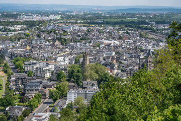 Andernach, Germany - Aerial view of the town of Andernach by the famous Rhine river in summer on a sunny day - 748476889