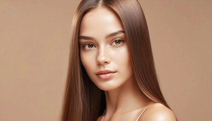Fototapeta premium Model girl with shiny brown smooth healthy hair with long straight and glowing, skin natural beauty smooth skin for Care and hair products