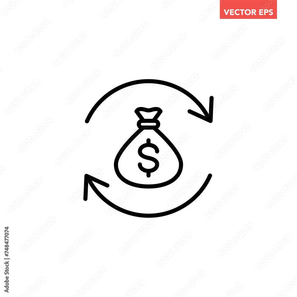 Poster black round money transfer line icon, simple arrow financial dollar mark sale flat design vector pic