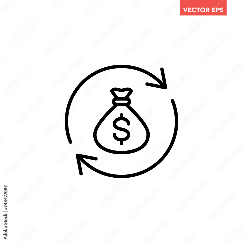 Poster black round money transfer line icon, simple arrow financial dollar mark sale flat design vector pic