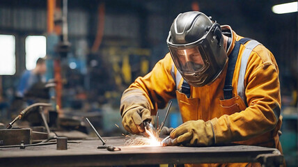 A Caucasian man in protective clothing welds metal structures at a factory. Professional mechanic making steel parts in a workshop.

