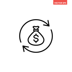 Black round money transfer line icon, simple arrow financial dollar mark sale flat design vector pictogram, infographic interface elements for app logo web button ui ux isolated on white background