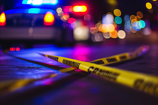 Crime scene tape in the foreground with a blurred police car in the background