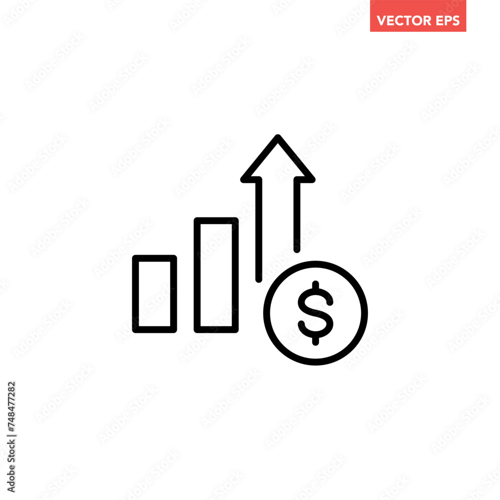 Poster black single financial growing graph line icon, simple inflation up or high cost living flat design 