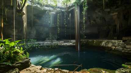 Stunning view of an underground cave with crystal clear blue waters, intricate rock formations, and sunlight beams.
