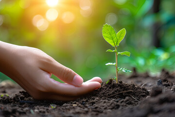 A hand nurturing a plant sprout