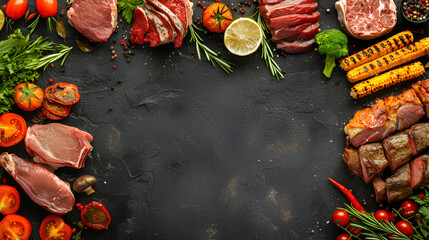 Panorama banner showcasing an exquisite assortment of meats perfect for BBQ enthusiasts, crafted with love and expertise, Generative Ai.

