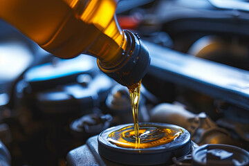 Changing engine oil being poured