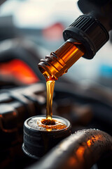 Changing engine oil being poured - obrazy, fototapety, plakaty