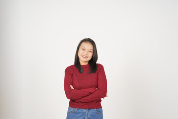 Young Asian woman in Red t-shirt smiling and looking at camera  isolated on white background